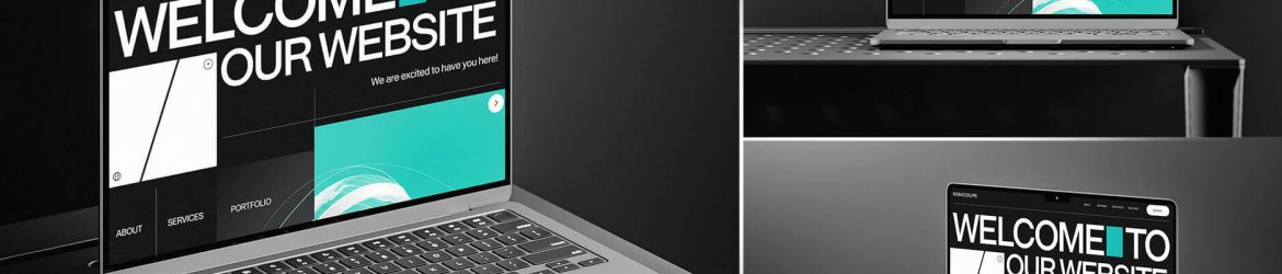 Free MacBook On A Black Table Mockup PSD Set