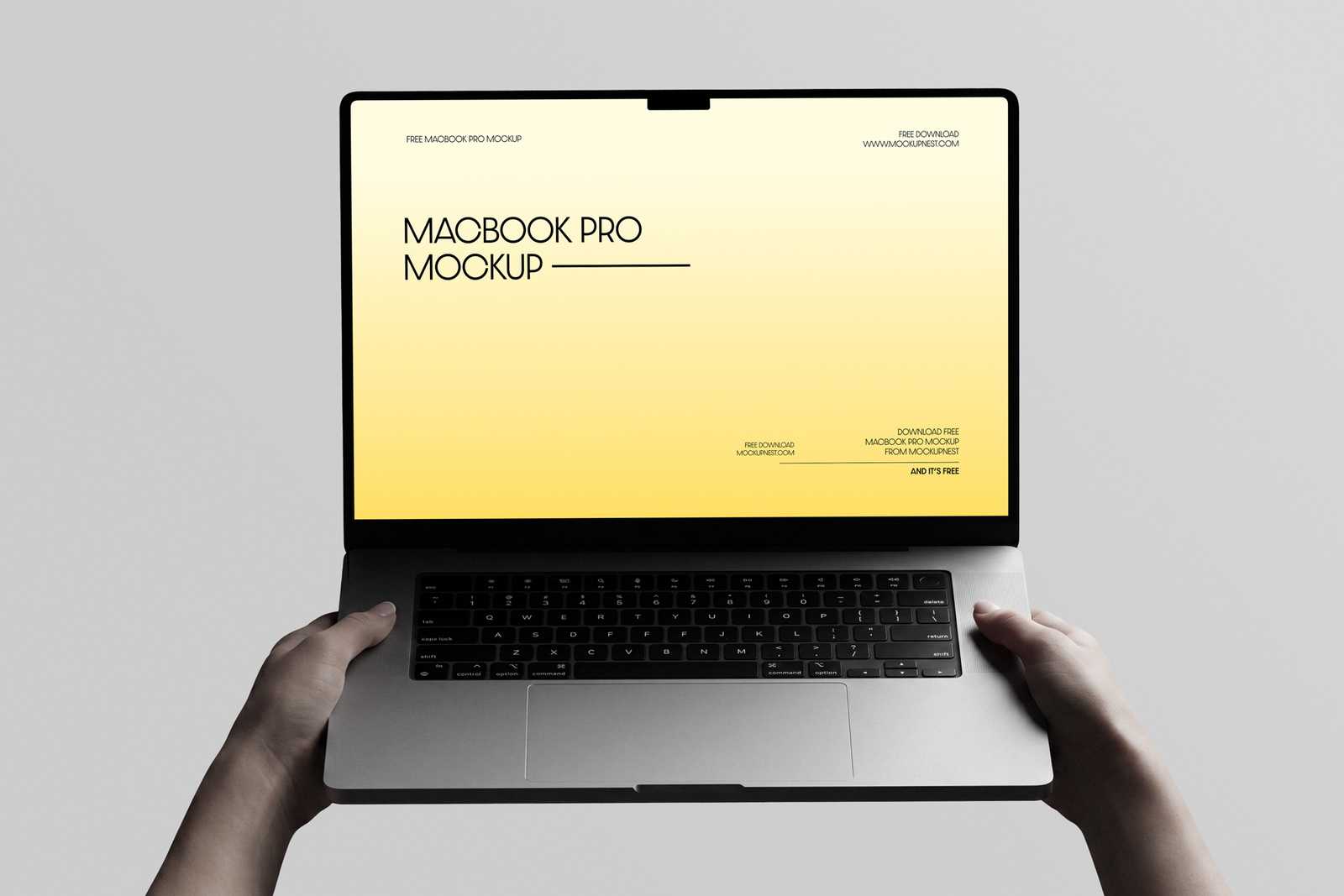 Free Macbook Pro Holding By Hand Mockup Front View