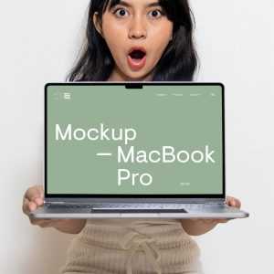 Free MacBook Pro Holding by Women Mockup