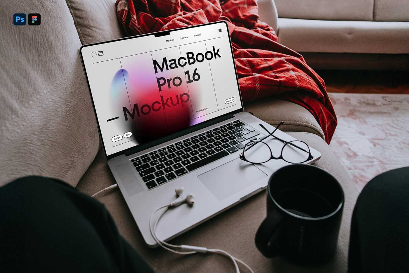 Free MacBook Pro Laying on Couch Mockup