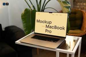 Free MacBook Pro on Small Table Mockup