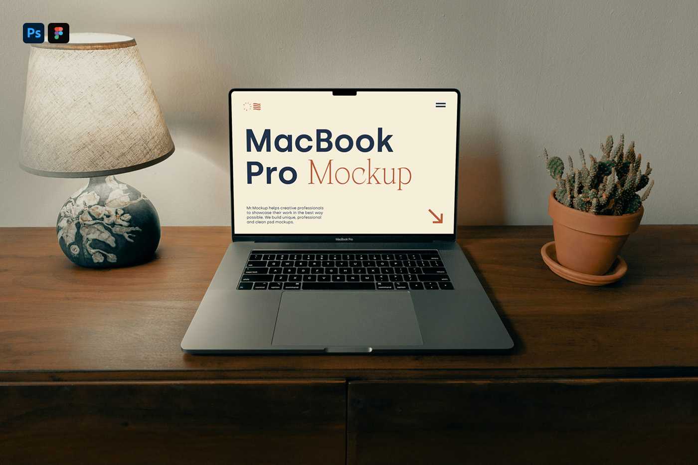 Free MacBook Pro On The Wooden Dresser Mockup