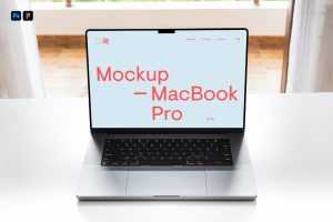Free MacBook Pro on White Table Mockup