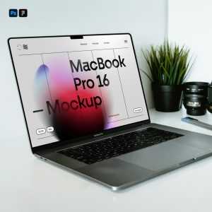 Free MacBook Pro on Wood Desk PSD Mockup
