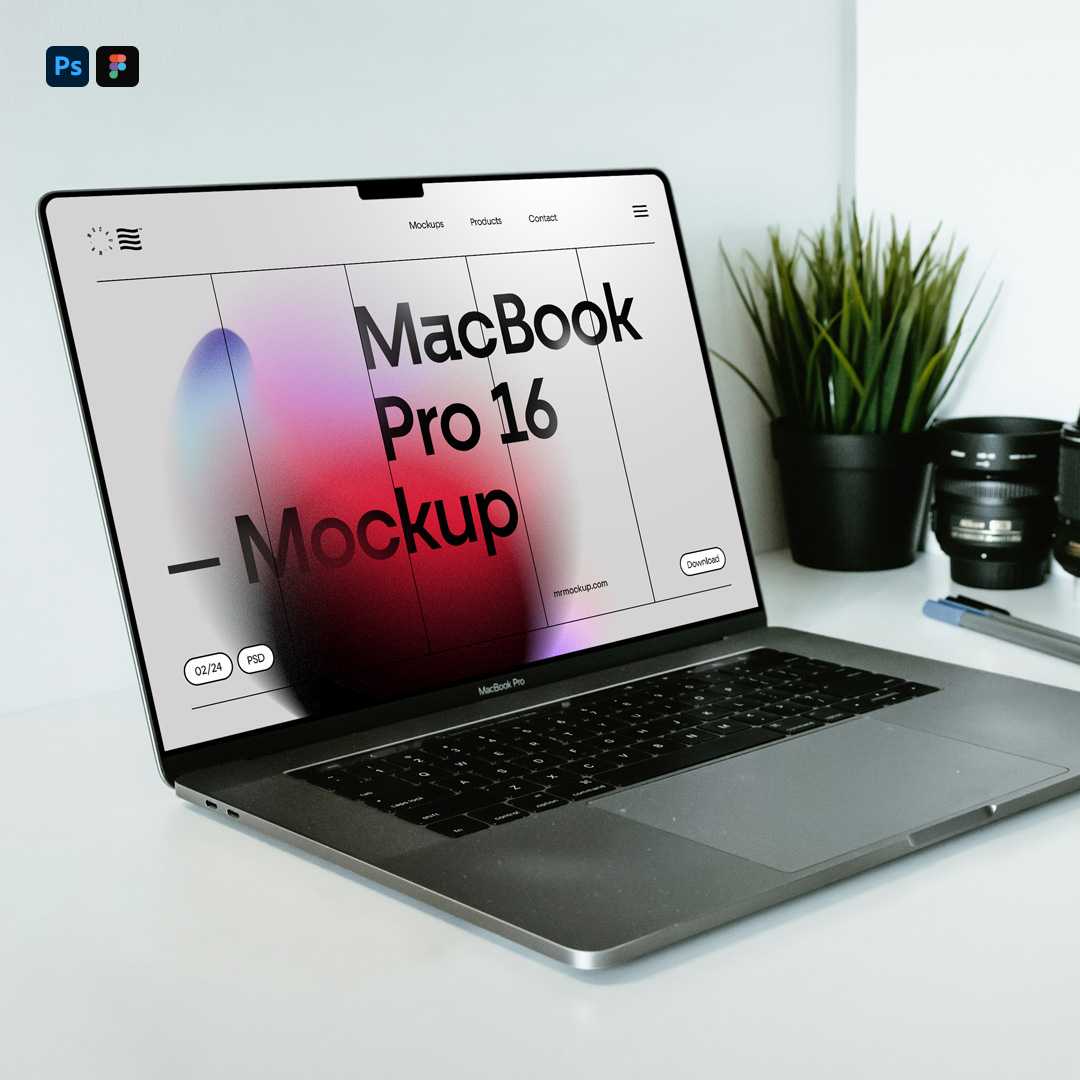 Free MacBook Pro on Wood Desk PSD Mockup