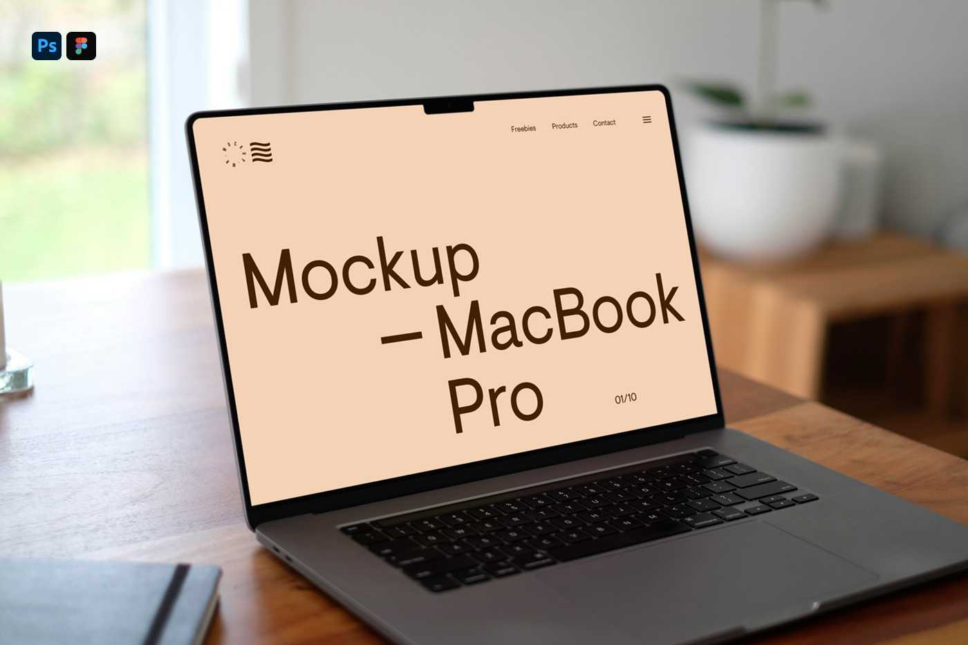 Free MacBook Pro on Wooden Desk Mockup