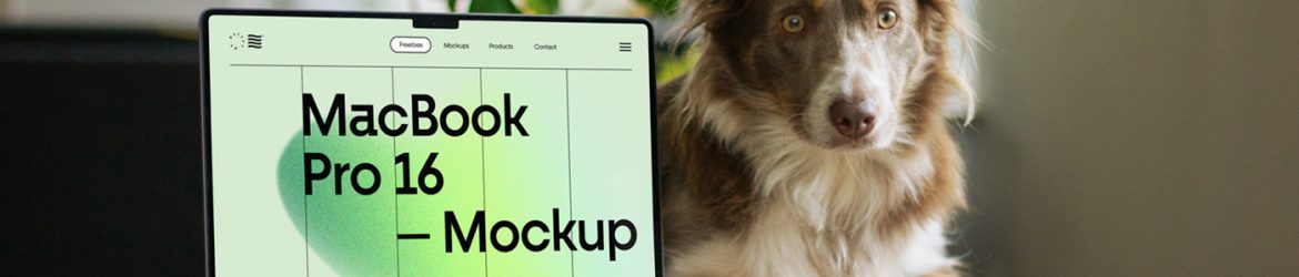 Free MacBook Pro with Doggy on Table Mockup