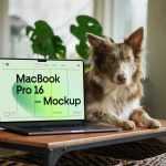 Free MacBook Pro with Doggy on Table Mockup