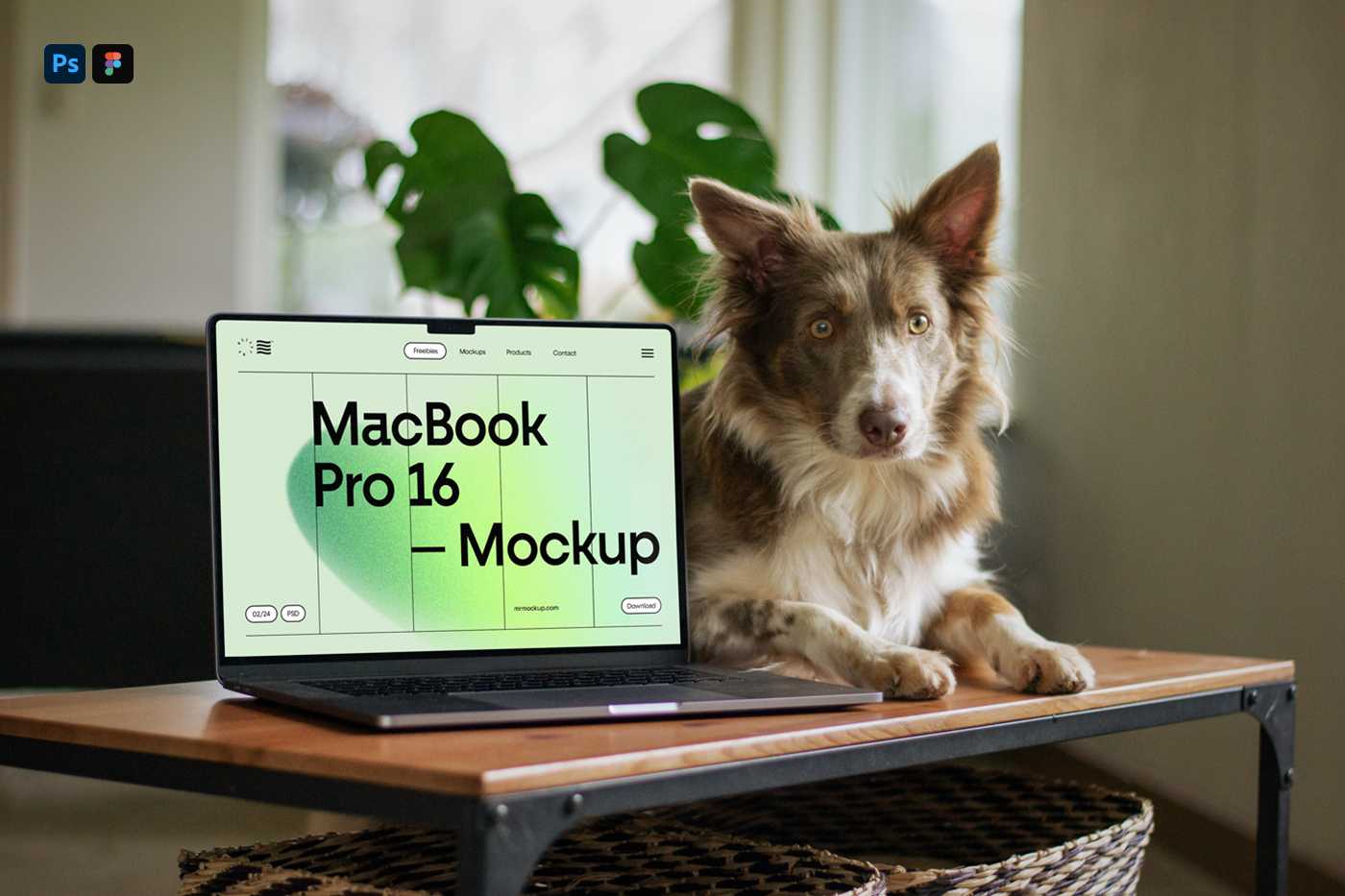 Free MacBook Pro with Doggy on Table Mockup