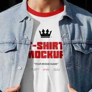 Free Men in Denim Jacket Wearing T-Shirt Mockup