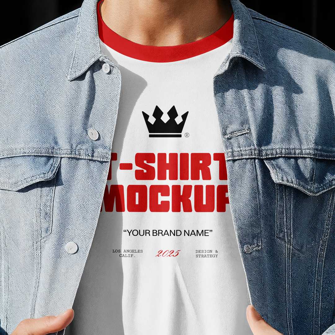 Free Men in Denim Jacket Wearing T-Shirt Mockup