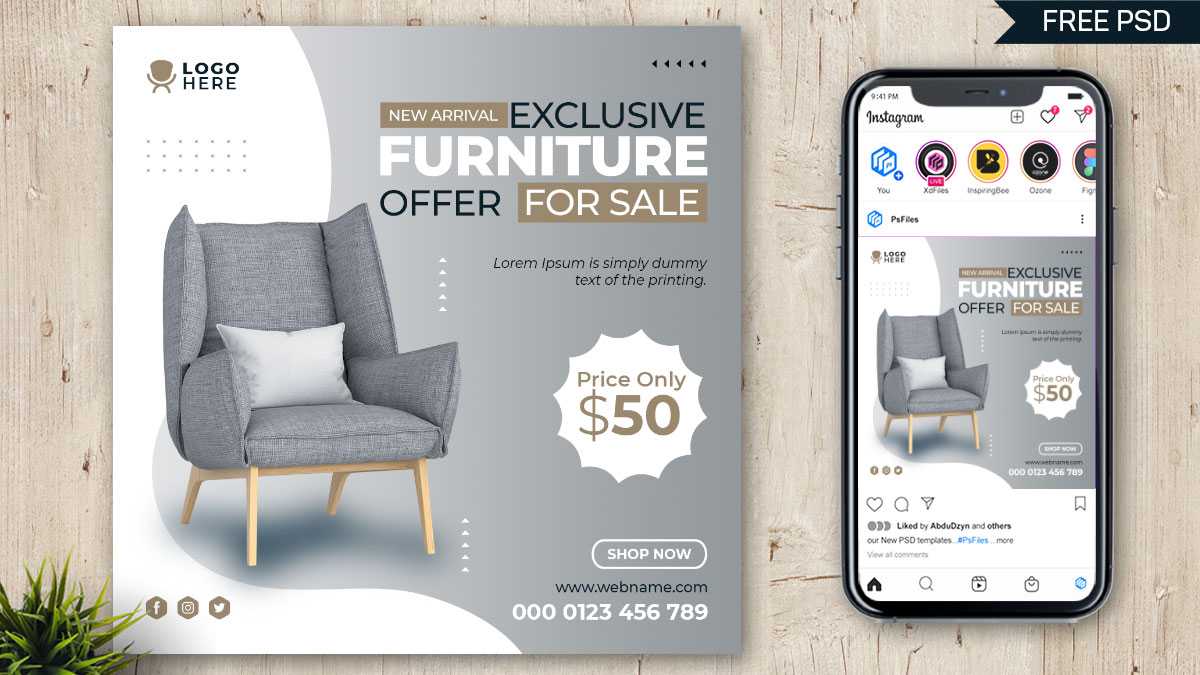 Free Modern Furniture Sale Social Media Post PSD Design Template 02