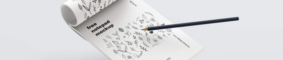 Free Notepad with Pencil Mockups 5 PSD in Perspective Views