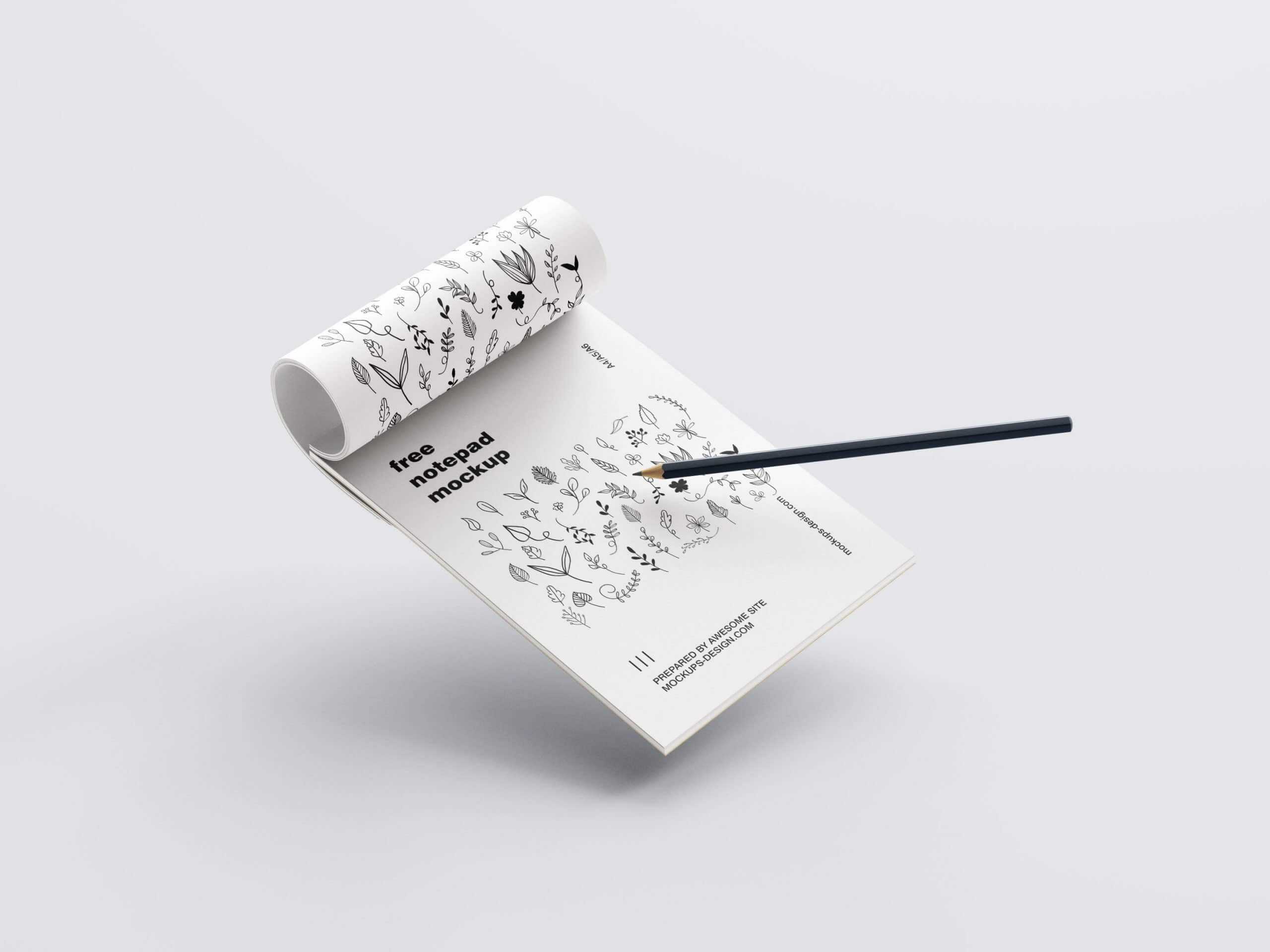 Free Notepad with Pencil Mockups 5 PSD in Perspective Views