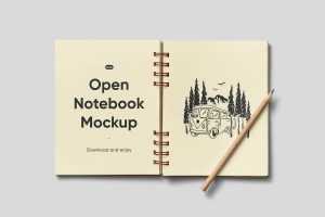 Free Open Notebook Pencil Mockup PSD