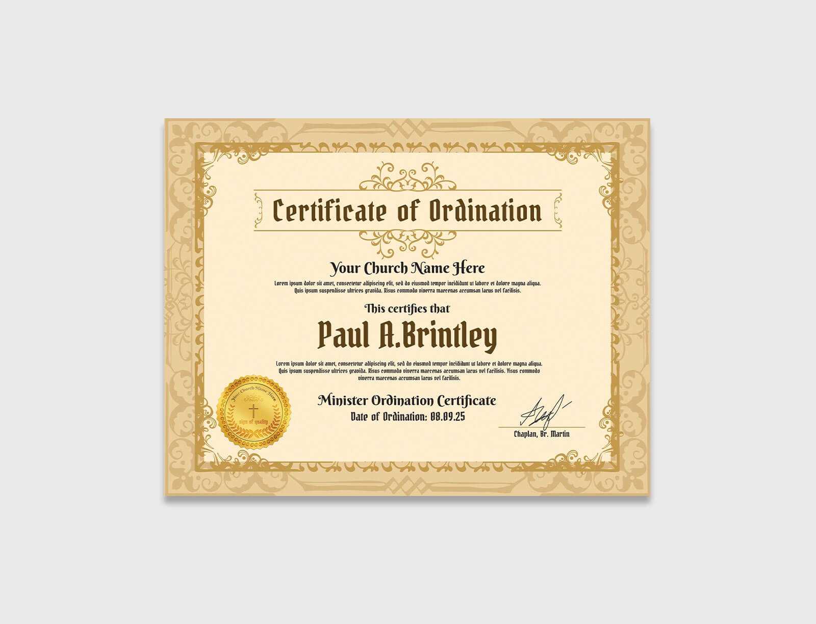 Free Ordination Certificate Design PSD Template
