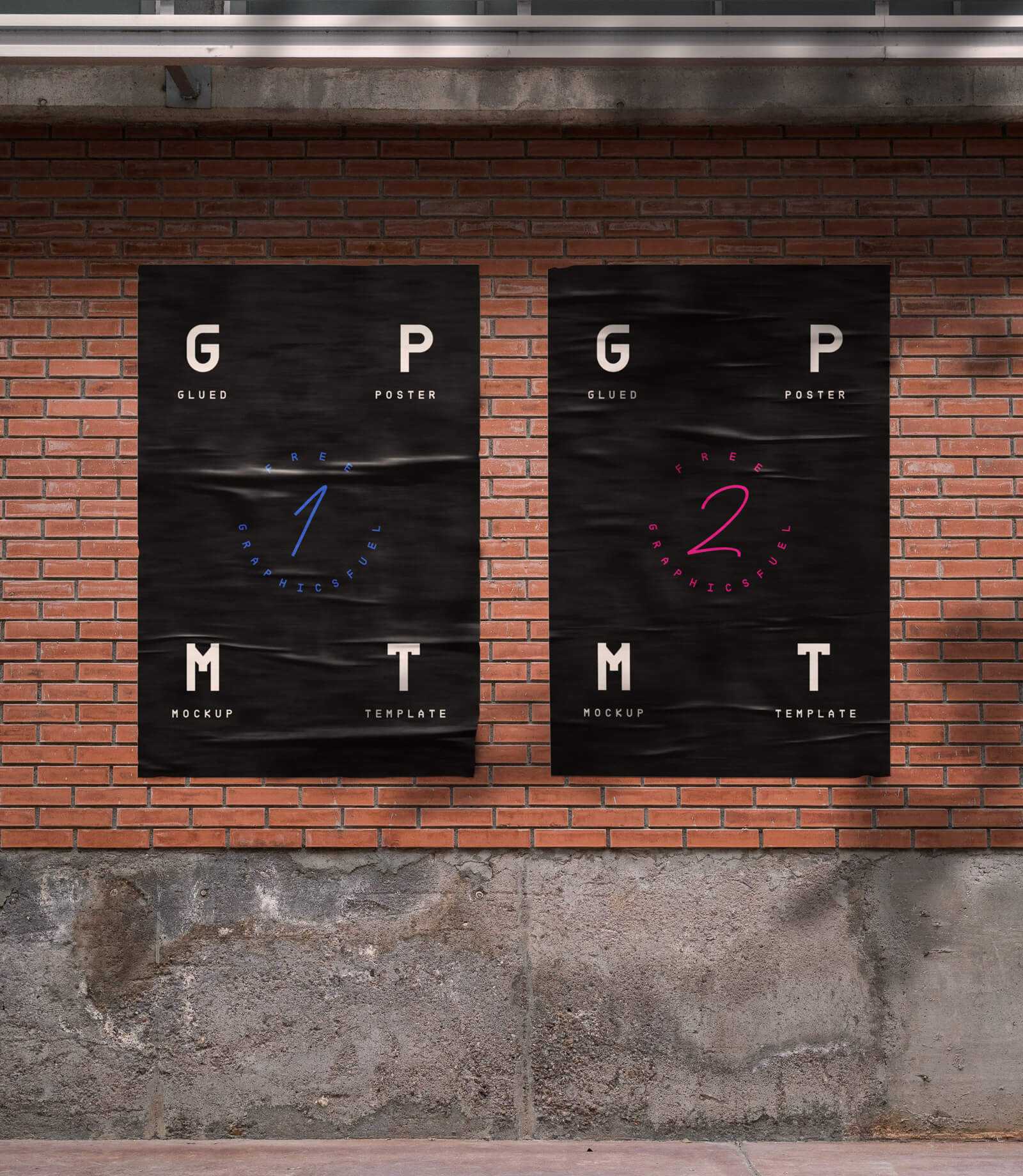 Free Outdoor Brick Wall Glued Poster Mockup PSD