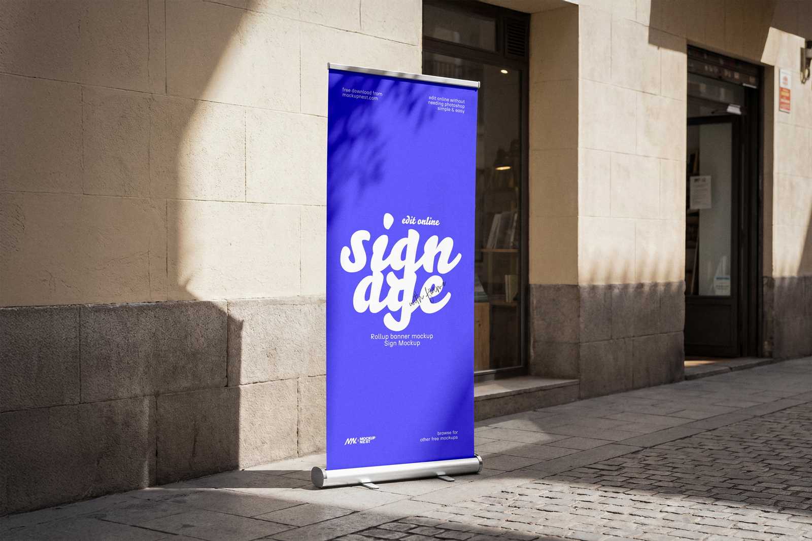 Free Outdoor Roll-Up Banner Mockup with Leaf Shadow