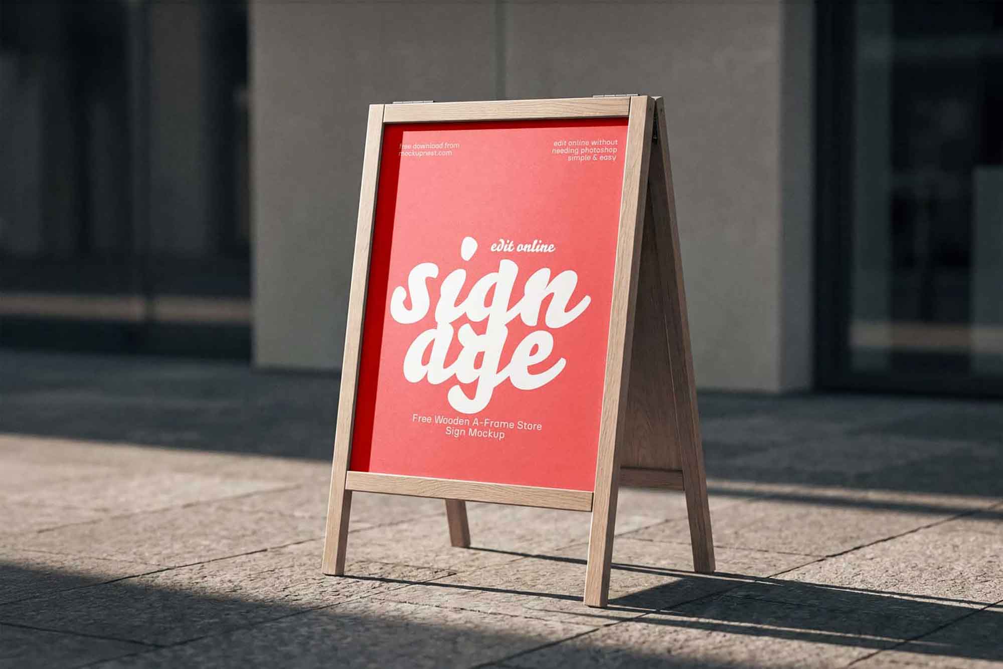 Free Outdoor Wooden A-Frame Store Sign Mockup – Realistic Sidewalk Shop Sign PSD Download
