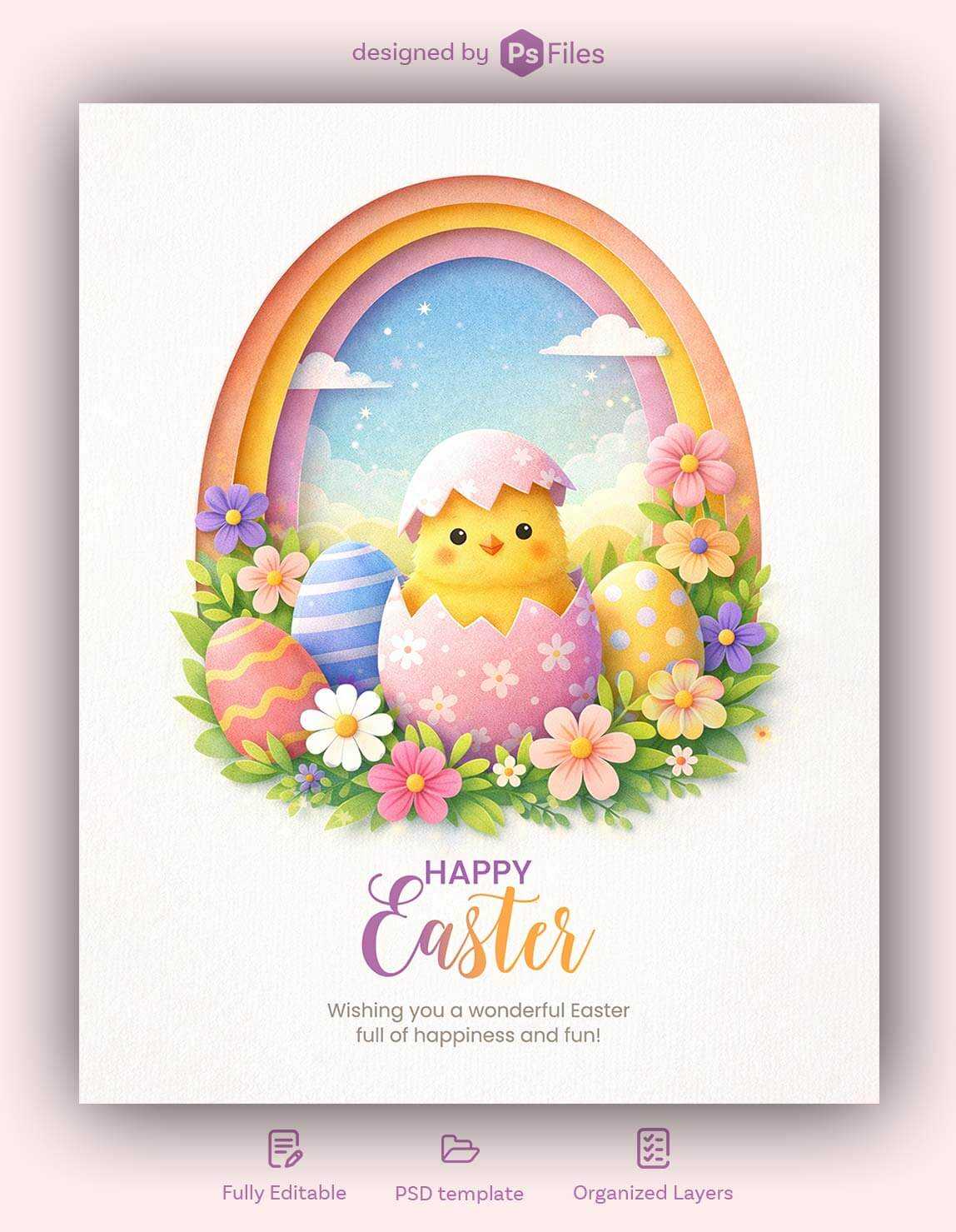 Free Paper Art Style Happy Easter Poster PSD Template – Cute Easter Wishes Status & Story Design