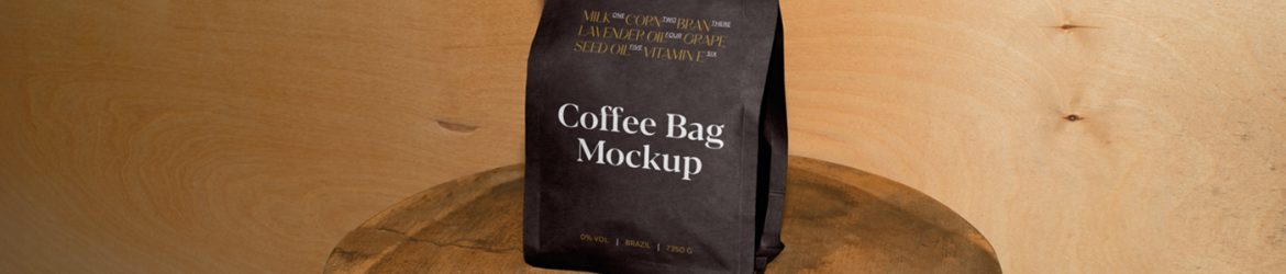 Free Paper Coffee Bag on Wooden Stool Mockup