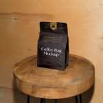 Free Paper Coffee Bag on Wooden Stool Mockup