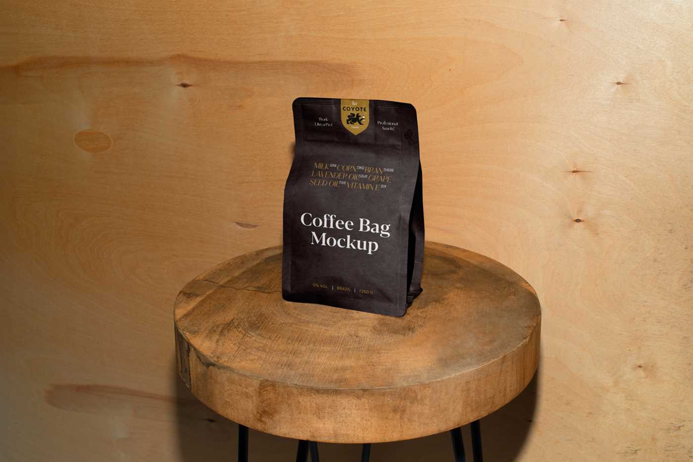 Free Paper Coffee Bag on Wooden Stool Mockup