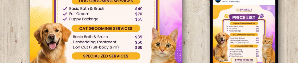 Free Pet Grooming Price List Instagram Post PSD Template – Dog & Cat Grooming Services Social Media Design