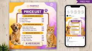 Free Pet Grooming Price List Instagram Post PSD Template – Dog & Cat Grooming Services Social Media Design