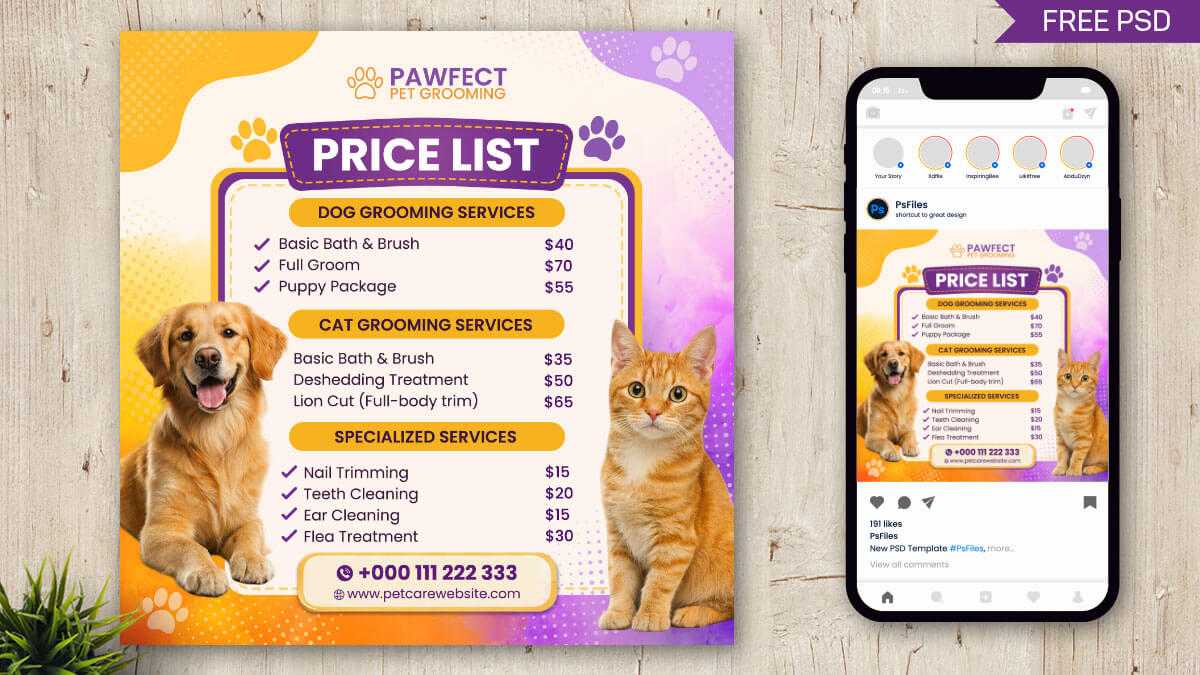 Free Pet Grooming Price List Instagram Post PSD Template – Dog & Cat Grooming Services Social Media Design