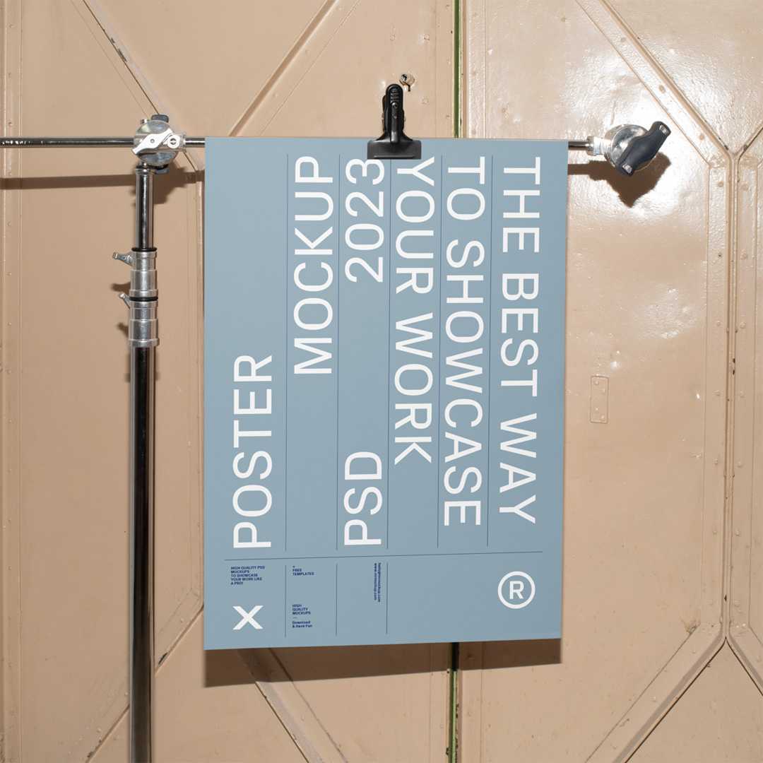 Free Poster Hanging on Tripod Mockup