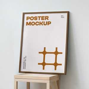 Free Poster on Wooden Stool Mockup