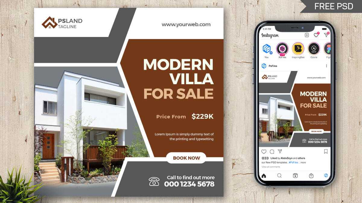 Free Real Estate Villa for Sale Social Media Post Design PSD Template