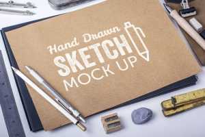 Free Realistic Hand Drawn 2 Sketch Book Mockup in Stationary Spot PSD