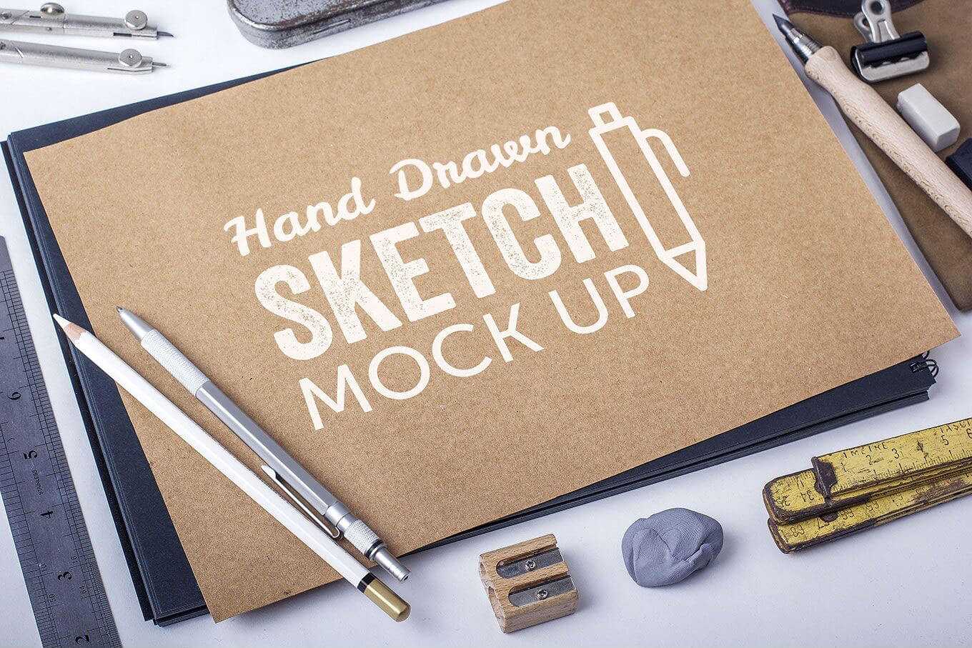 Free Realistic Hand Drawn 2 Sketch Book Mockup in Stationary Spot PSD