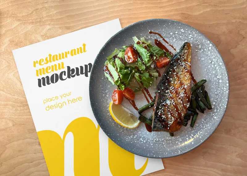 Free Restaurant Menu Mockup with Fish Dish on a Plate