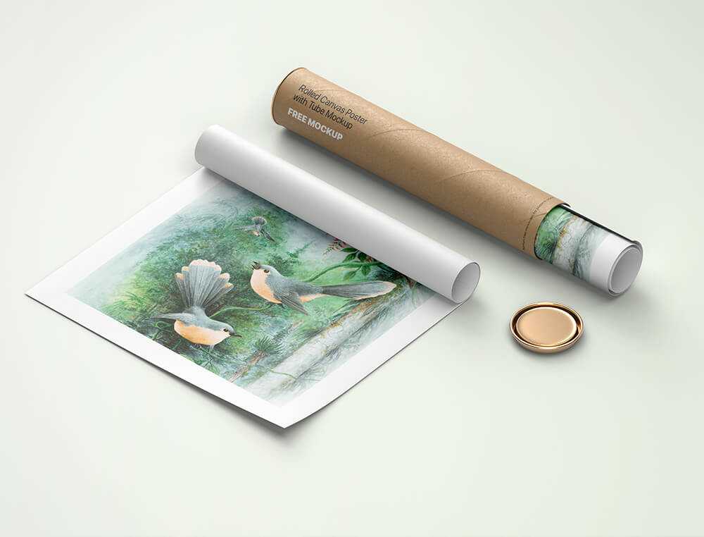 Free Rolled Canvas Poster with Paper Tube Mockup PSD