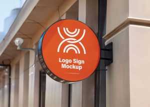 Free Round Logo Sign Mockup Building Wall Mounted