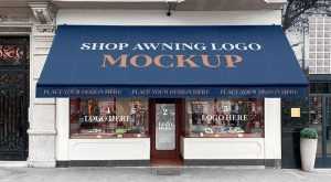 Free Shop Awning and Window Logo Mockup PSD