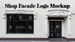 Free Shop Facade Logo and Glass Sticker Mockup PSD