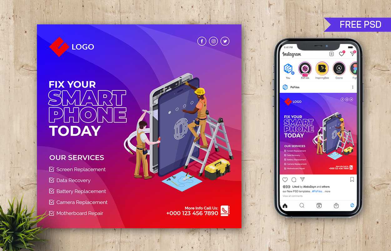 Free Smart Phone Repair Instagram Post Design PSD Template