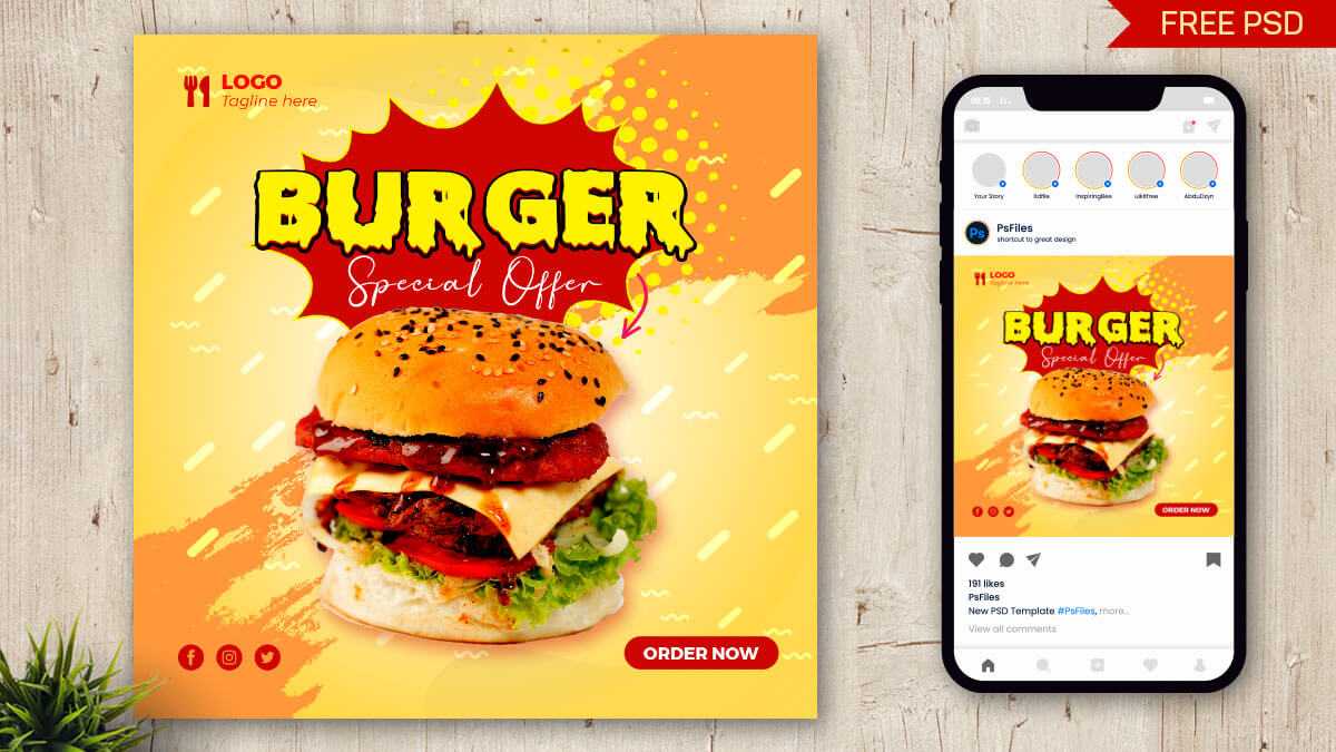 Free Special Burger Food Offer Instagram Post Design PSD Template