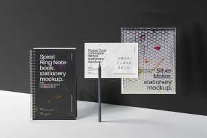 Free Spiral Ring Notebook with Postcard Mockup