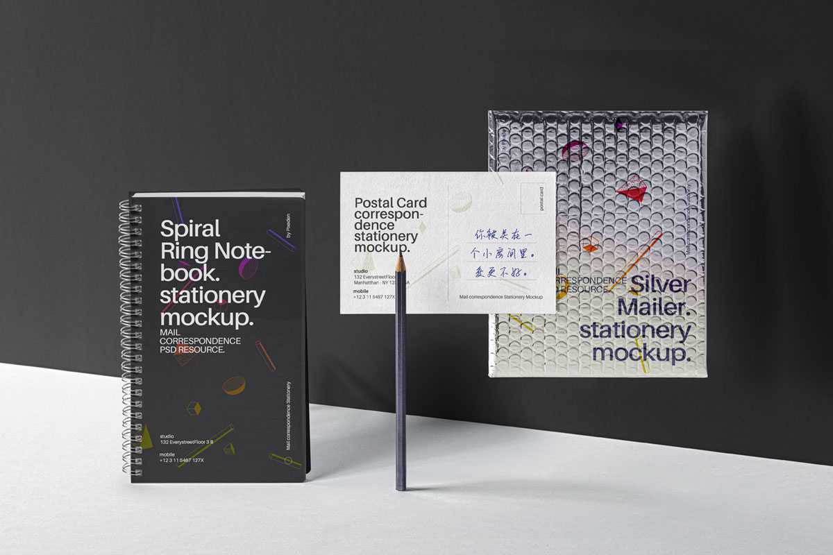 Free Spiral Ring Notebook with Postcard Mockup