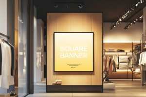 Free Square Banner Mockup Inside Store Wall