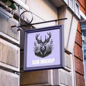Free Square Framed Sign On Building Mockup PSD