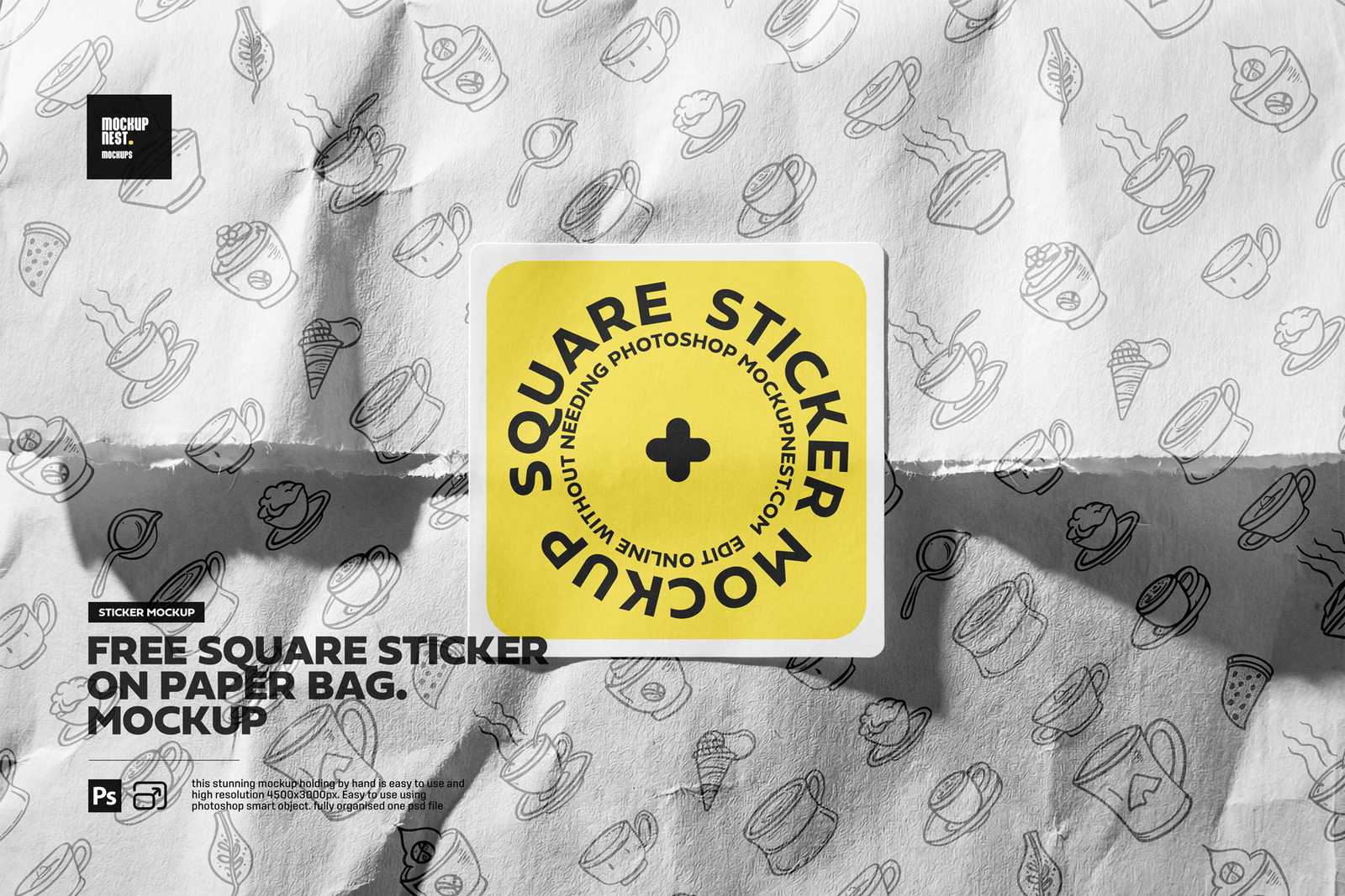 Free Square Sticker On Paper Bag Mockup