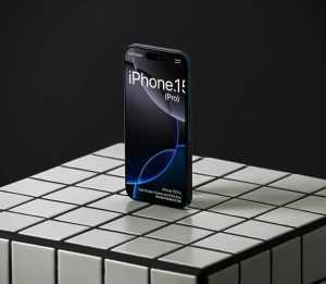 Free Standing iPhone 15 Pro Mockup PSD