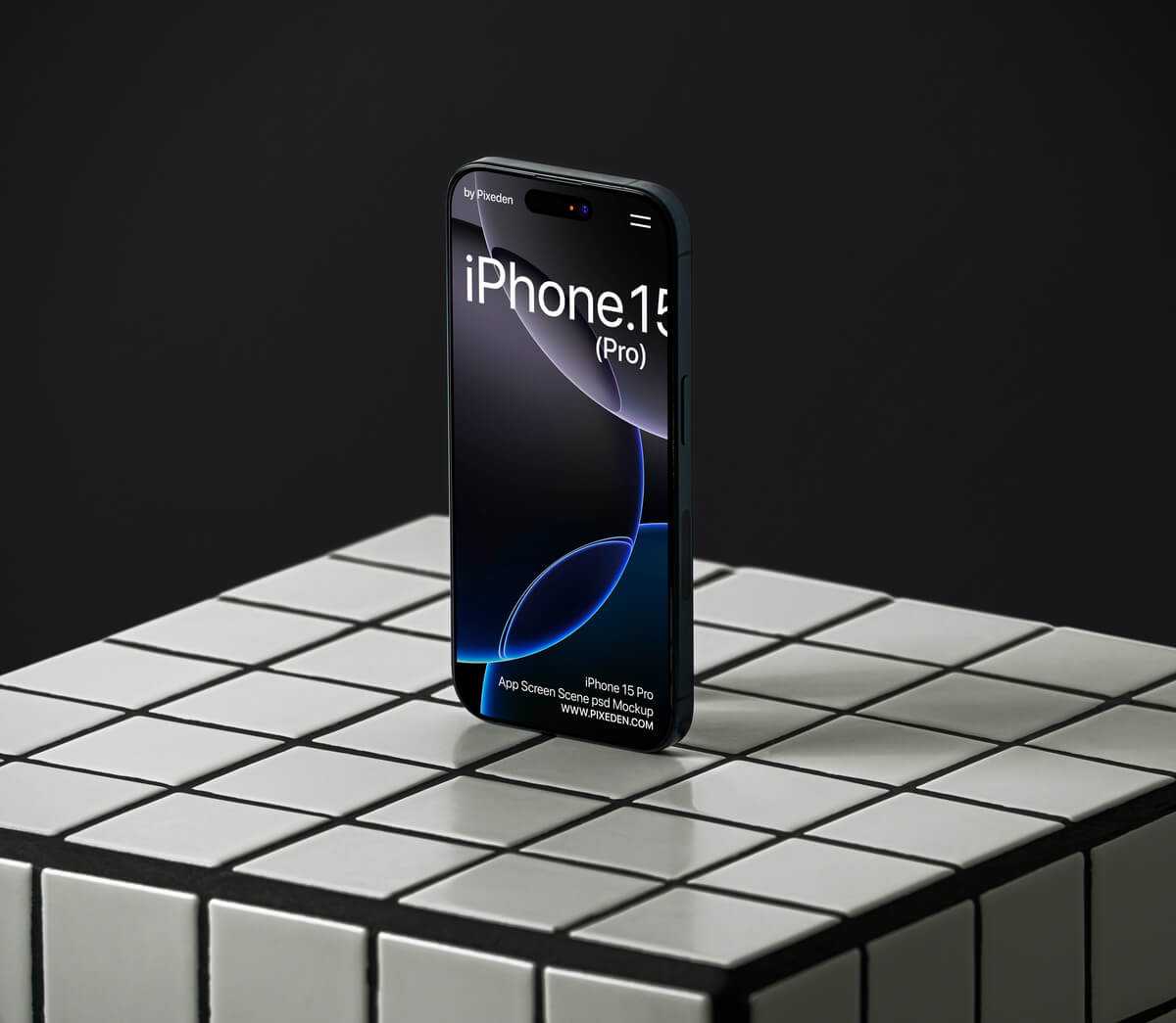 Free Standing iPhone 15 Pro Mockup PSD
