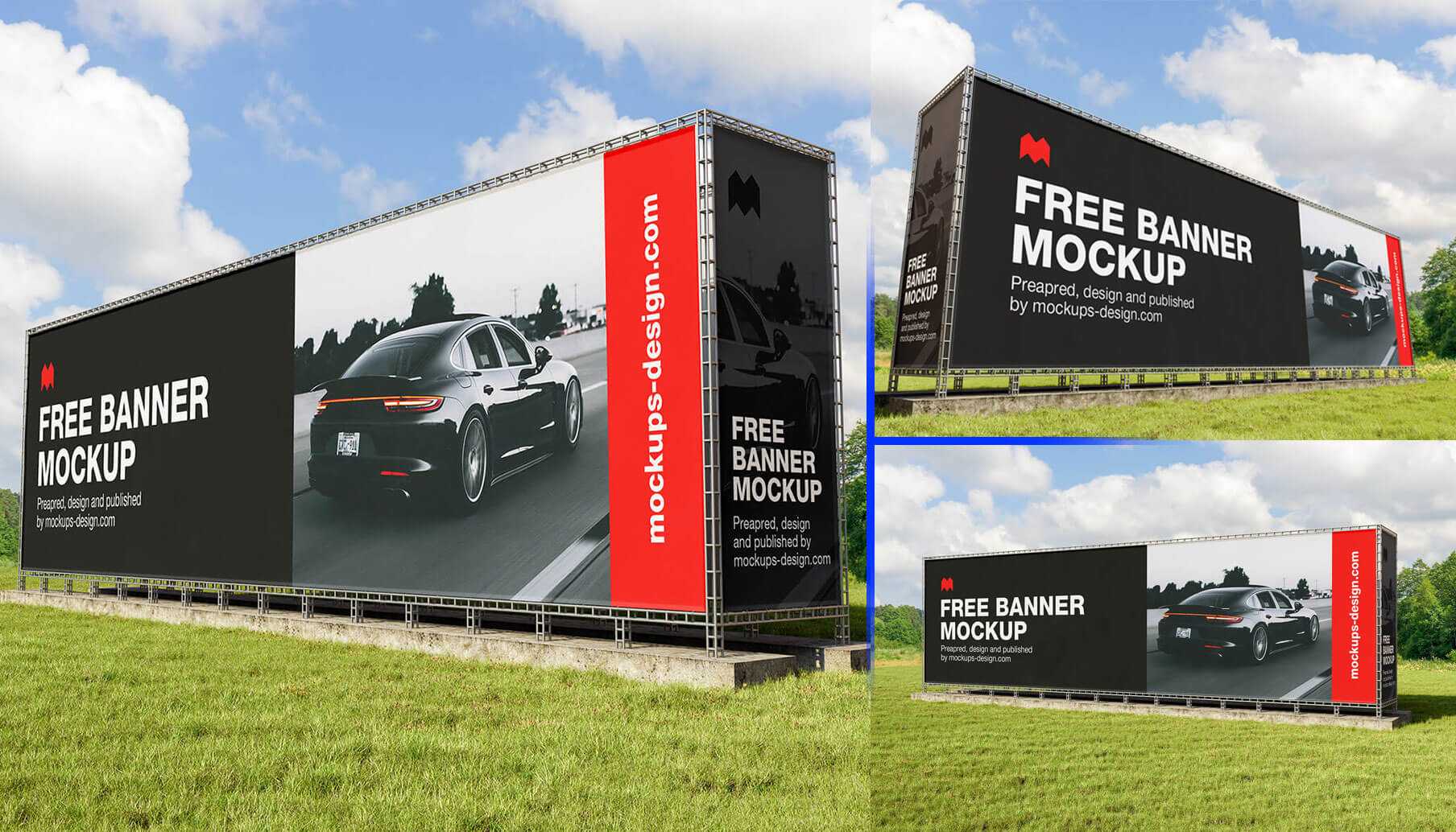 Free Steel Structure Large Horizontal Ad Banner Mockups 3 PSD set